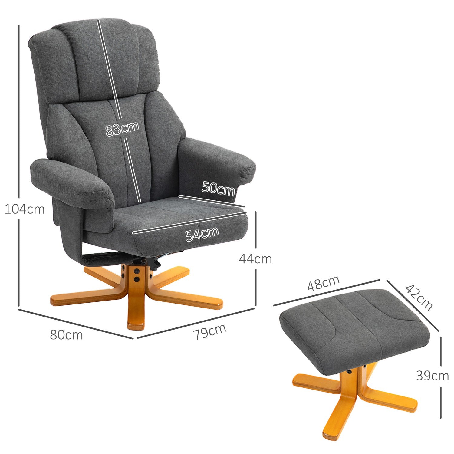 Liggstol med ottoman, 150 kg Max, mörkgrå, 79x80x104cm