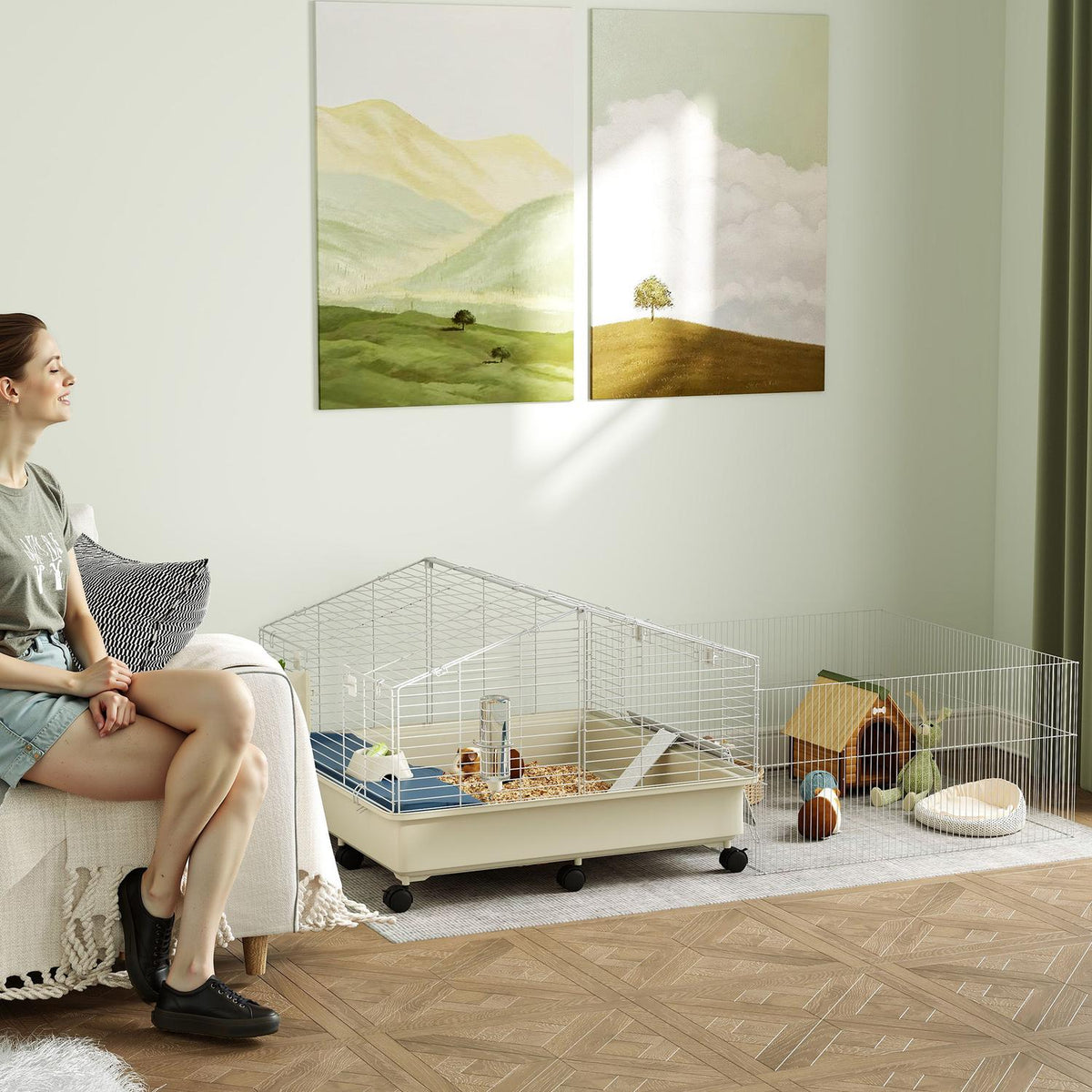 Kleine dierenkooi met speelren, wielen en accessoires