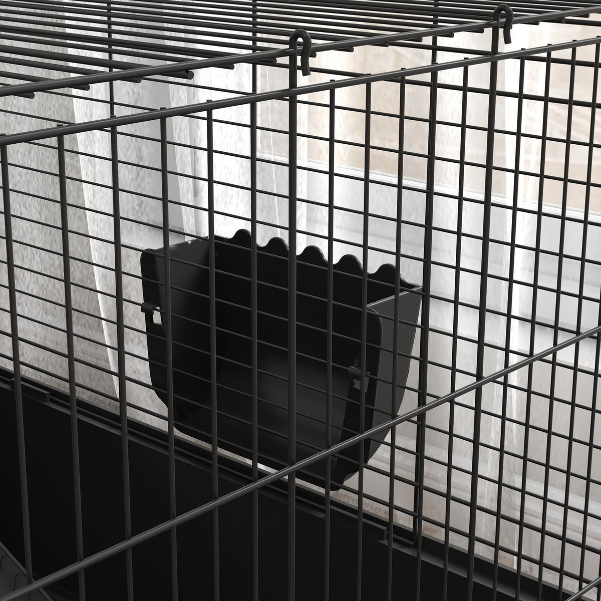 Kleine dierenkooi – staal, zwart, inclusief waterfles en voerbak