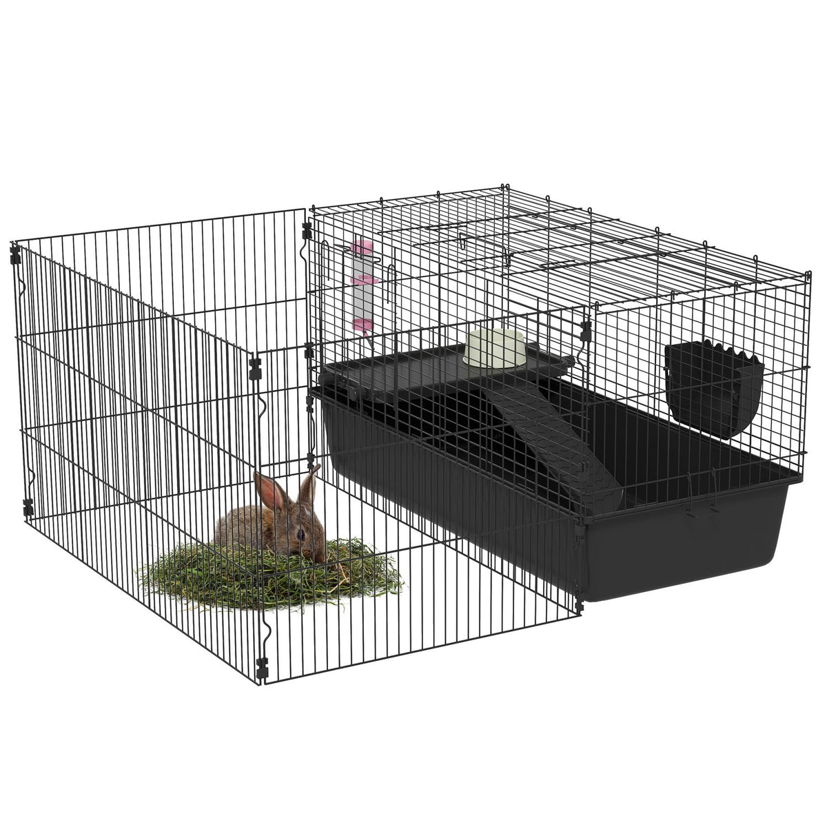 Kleine dierenkooi – staal, zwart, inclusief waterfles en voerbak