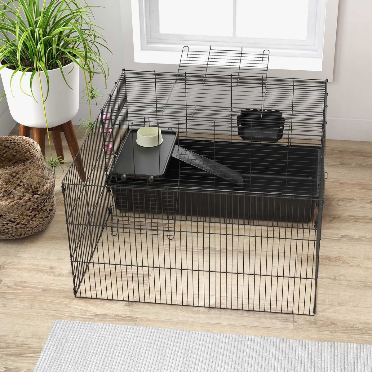 Kleine dierenkooi – staal, zwart, inclusief waterfles en voerbak