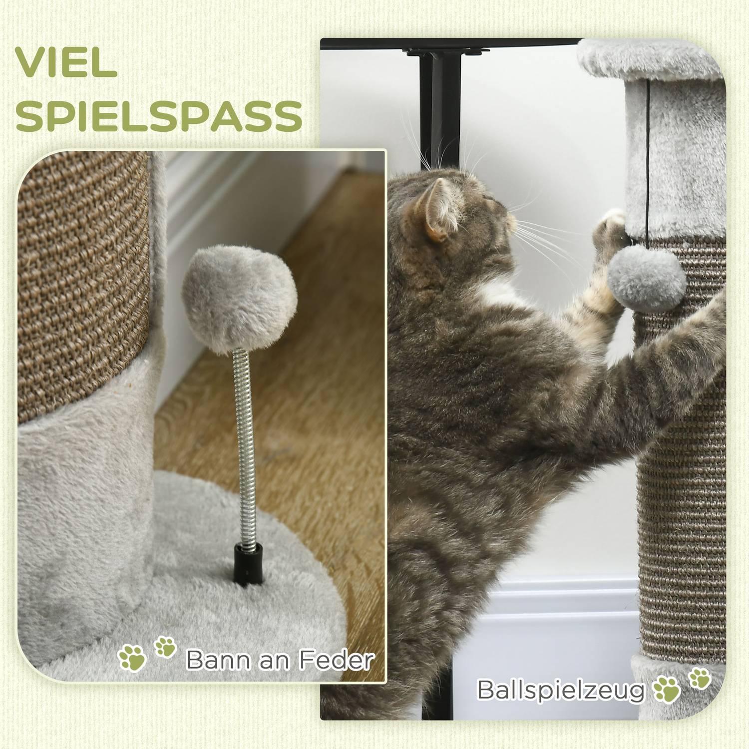 Liten grå inomhuskattskrapstolpe med sisalboll