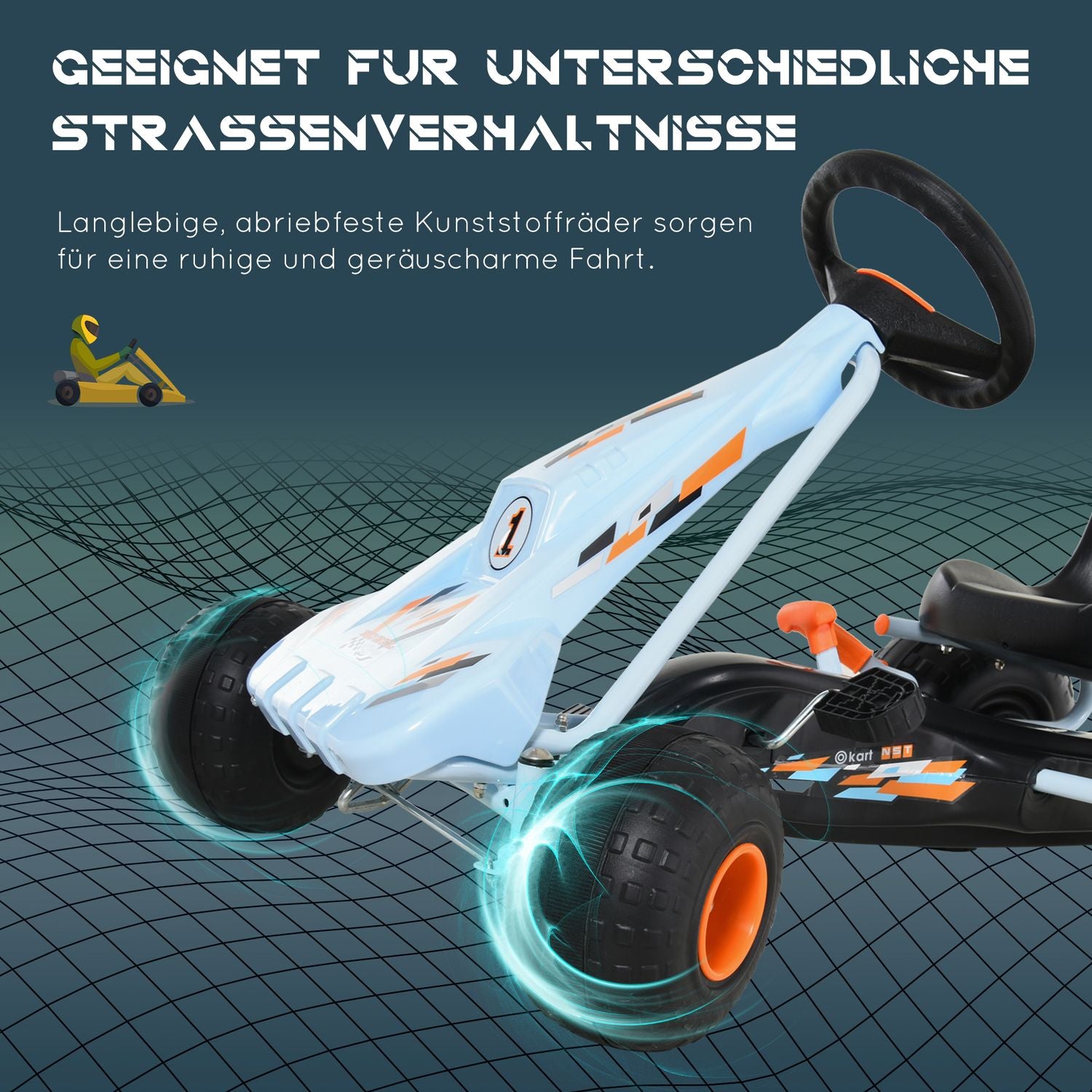 Go-kart a pedali in acciaio azzurro con seduta regolabile