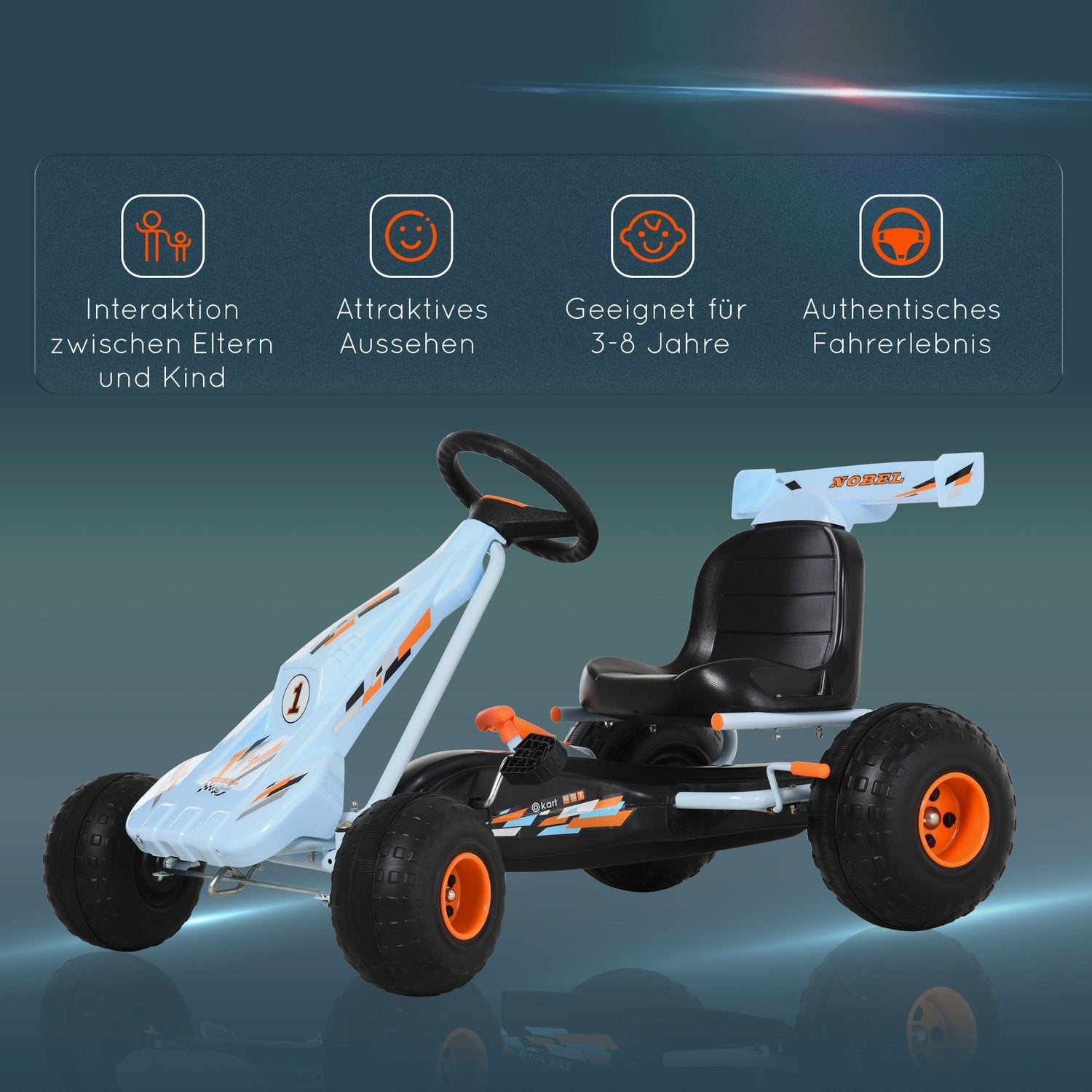 Go-kart a pedali in acciaio azzurro con seduta regolabile