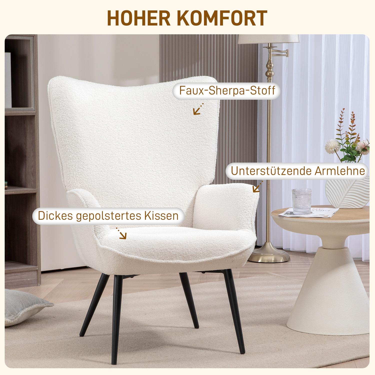 Lounge Wing Chair, gestoffeerd met armleuningen, crèmewit