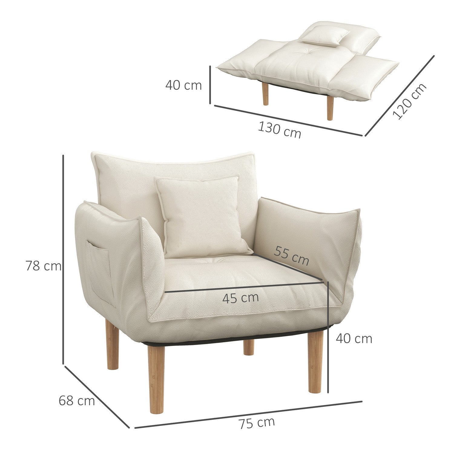 Loungestoel met kussens, verstelbaar en crèmekleurige microvezel