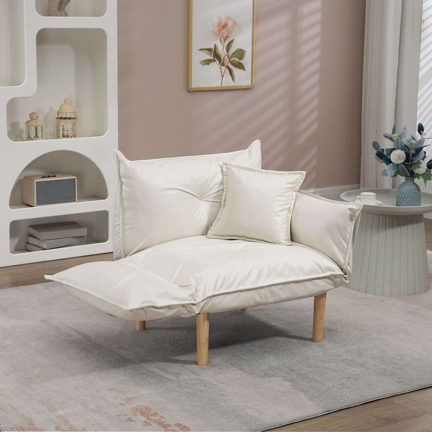 Loungestoel met kussens, verstelbaar en crèmekleurige microvezel