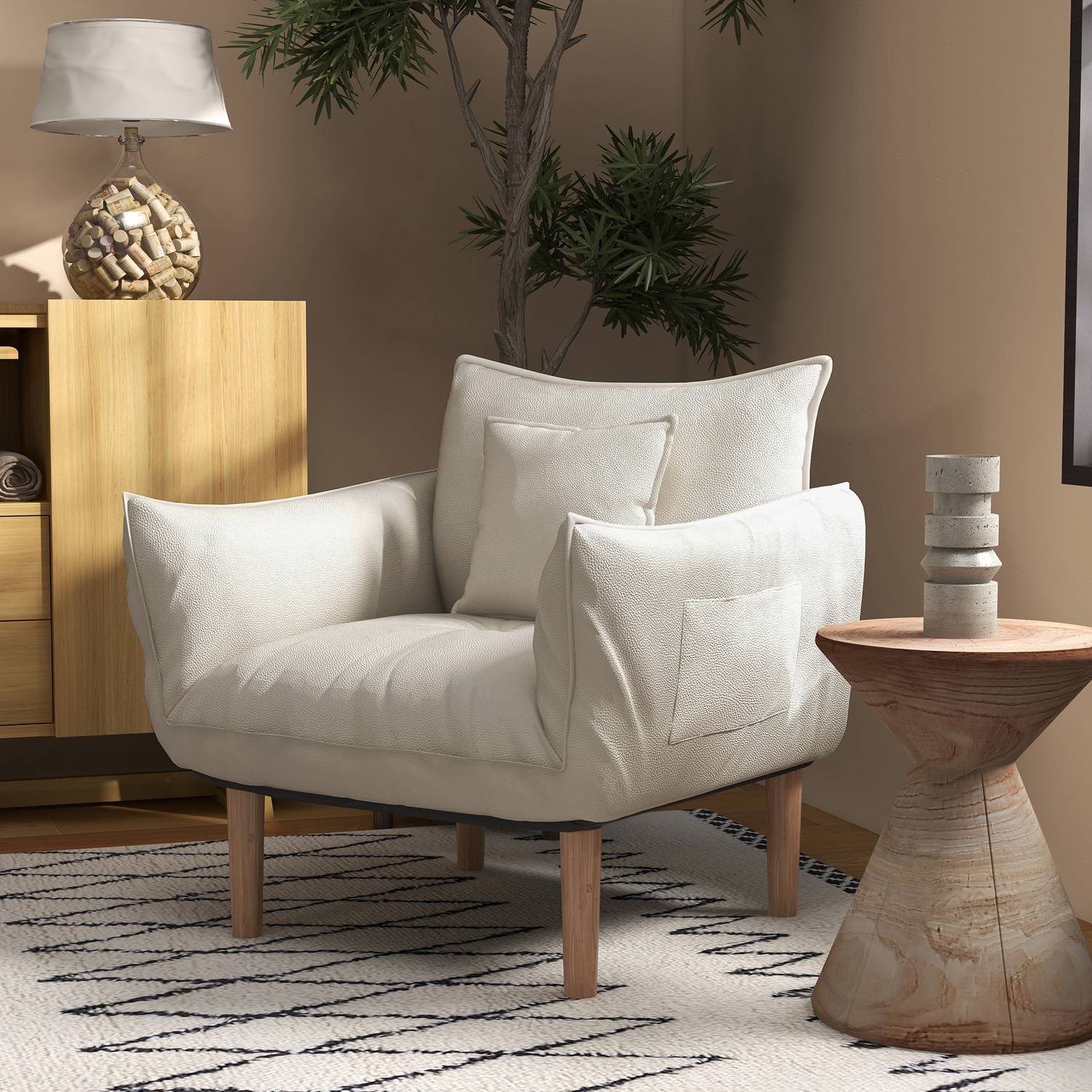 Loungestoel met kussens, verstelbaar en crèmekleurige microvezel