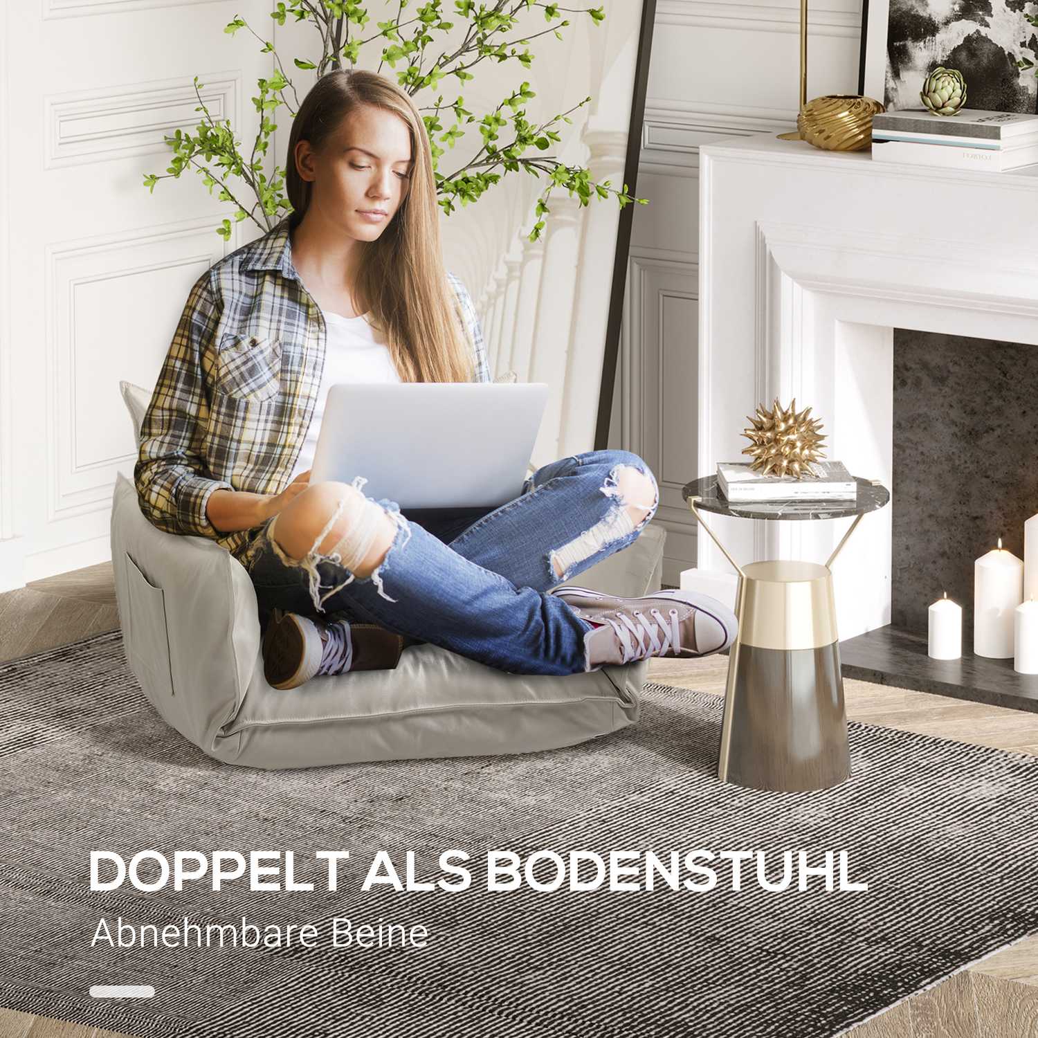 Loungestoel met kussens, verstelbaar en crèmekleurige microvezel
