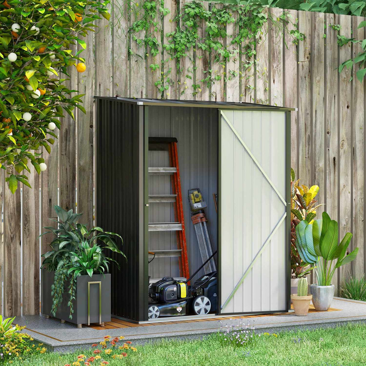 Afsluitbare tuinschuur van staal 1,34m² – Zwart, hellend dak