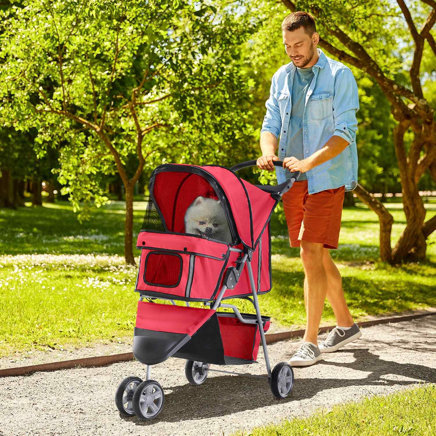 Licht inklapbare honden- en kattenbuggy – Rood