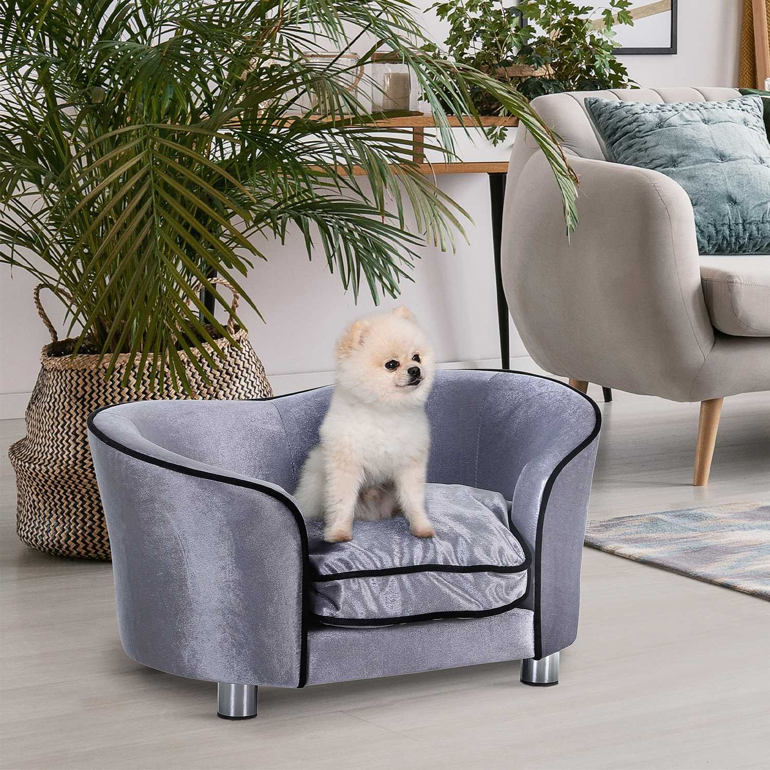 Luxe pluche hondenbank met kussen, grijs – 69x49x38 cm