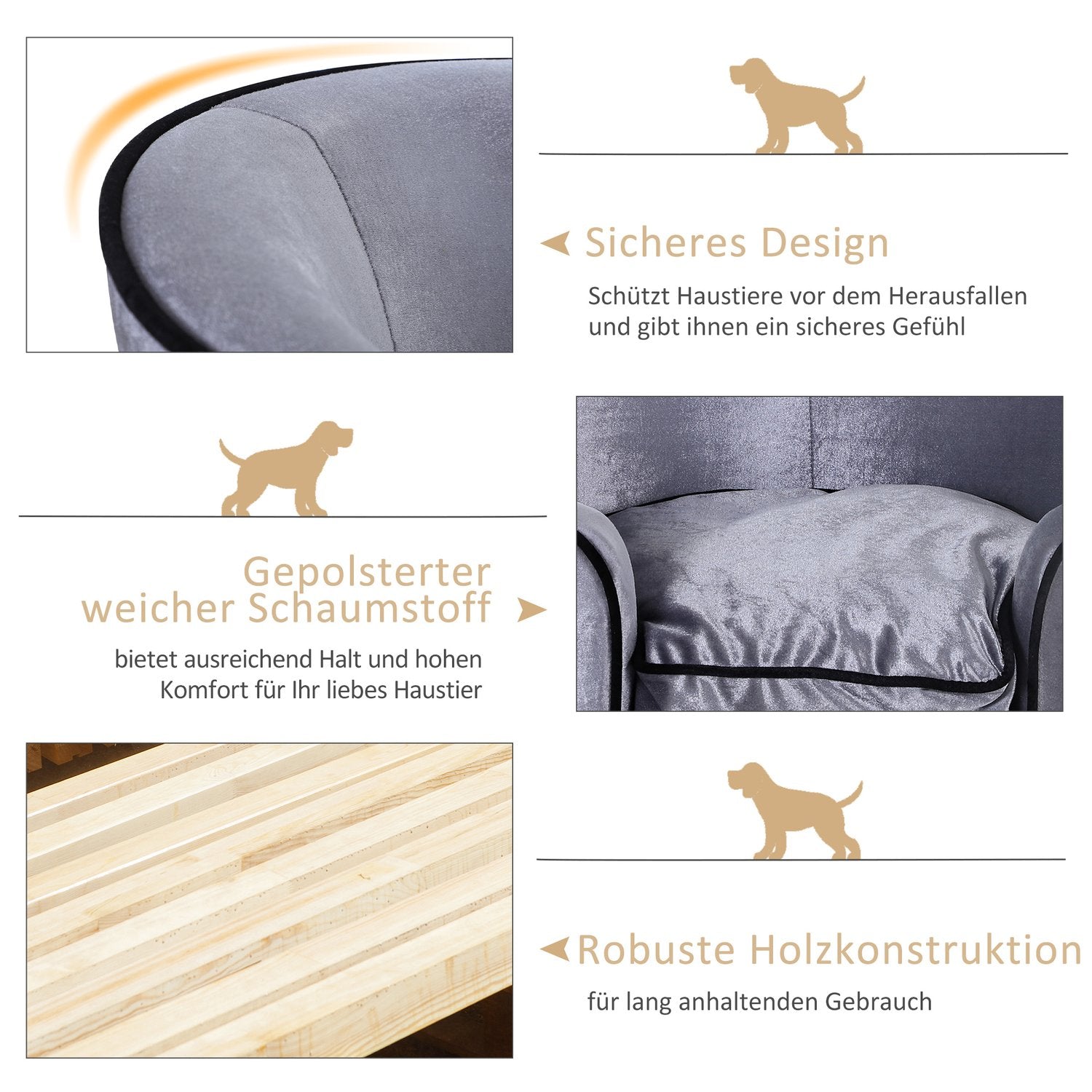 Luxe pluche hondenbank met kussen, grijs – 69x49x38 cm
