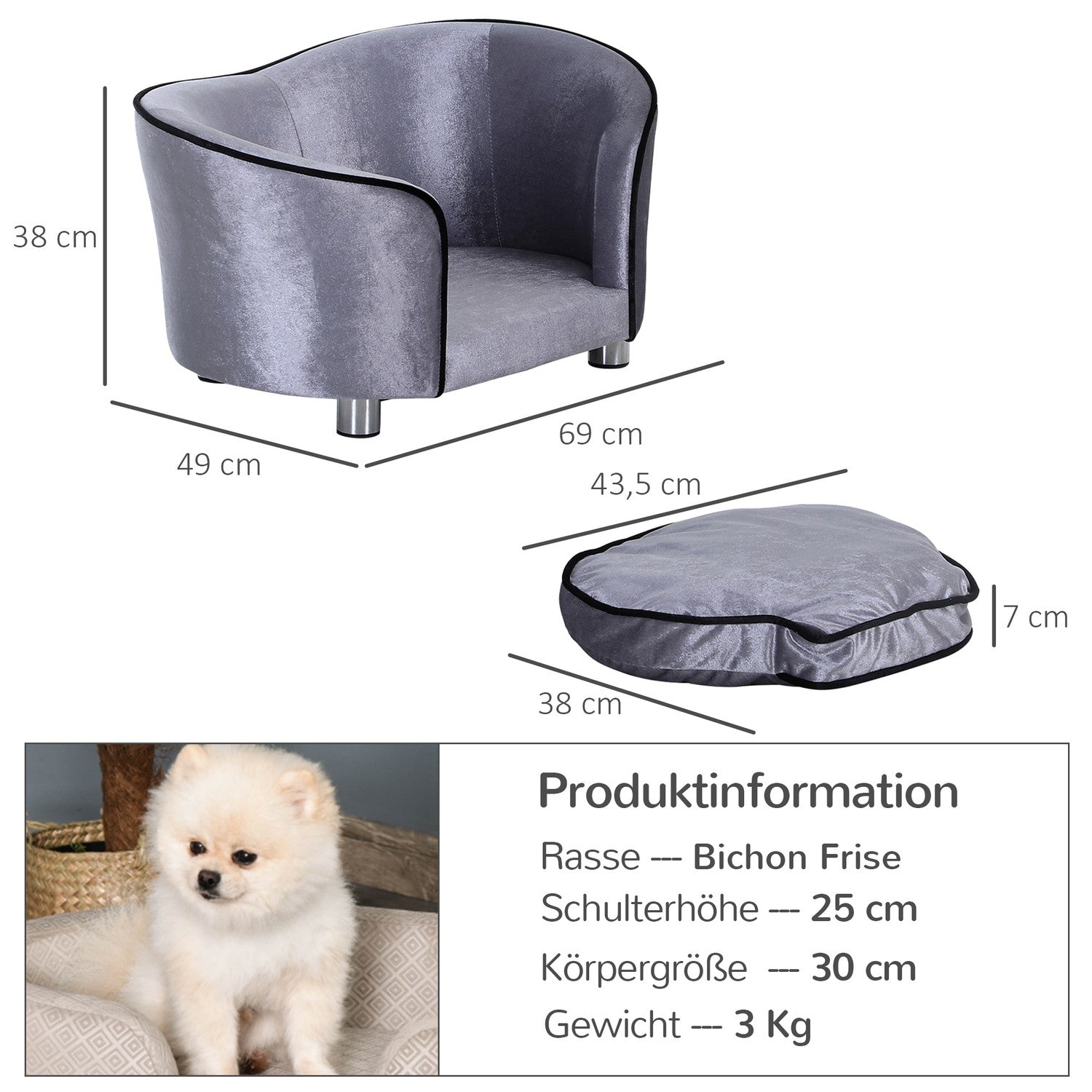 Luxe pluche hondenbank met kussen, grijs – 69x49x38 cm