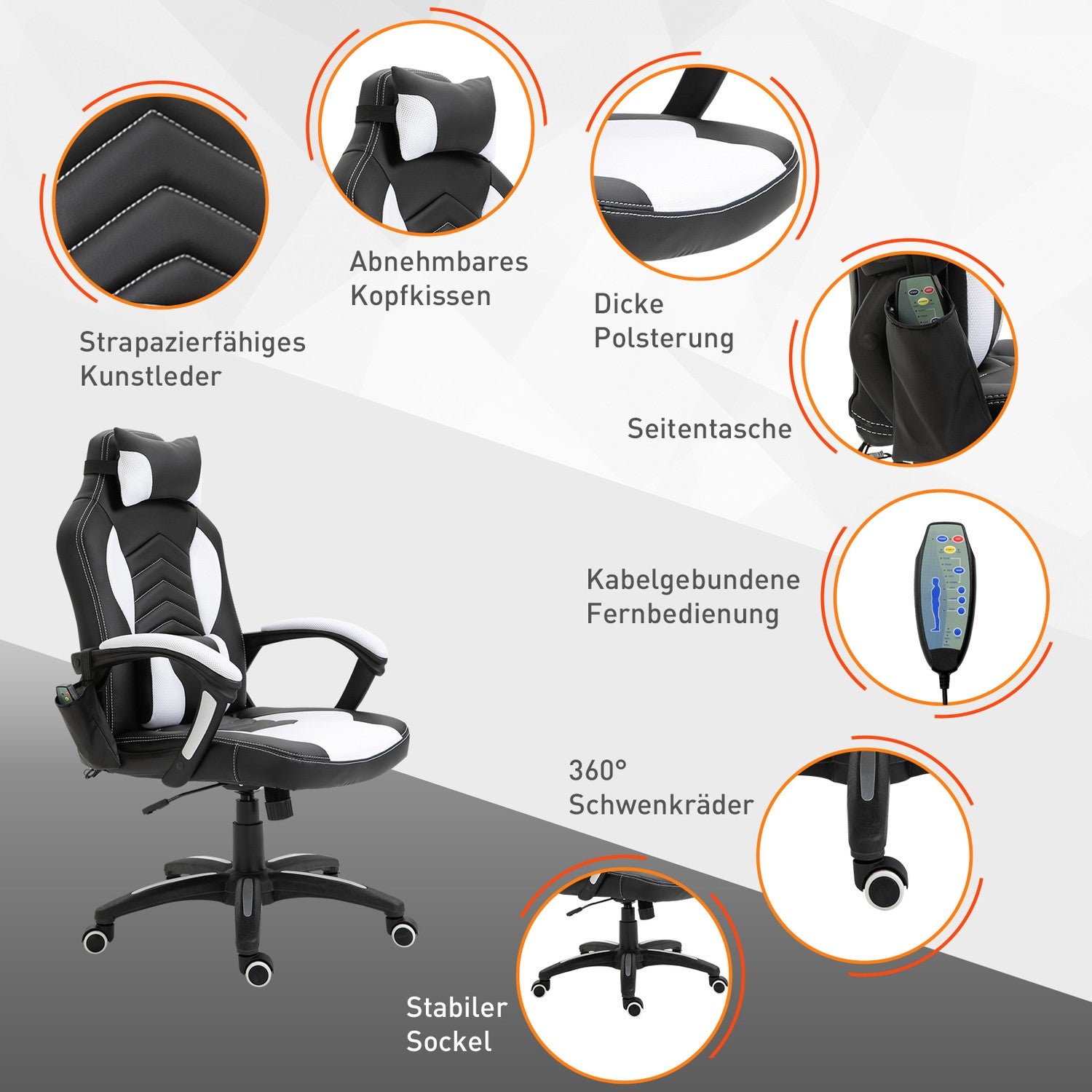 Massage Gaming Bureaustoel met Warmte & Vibratie, Zwart/Wit