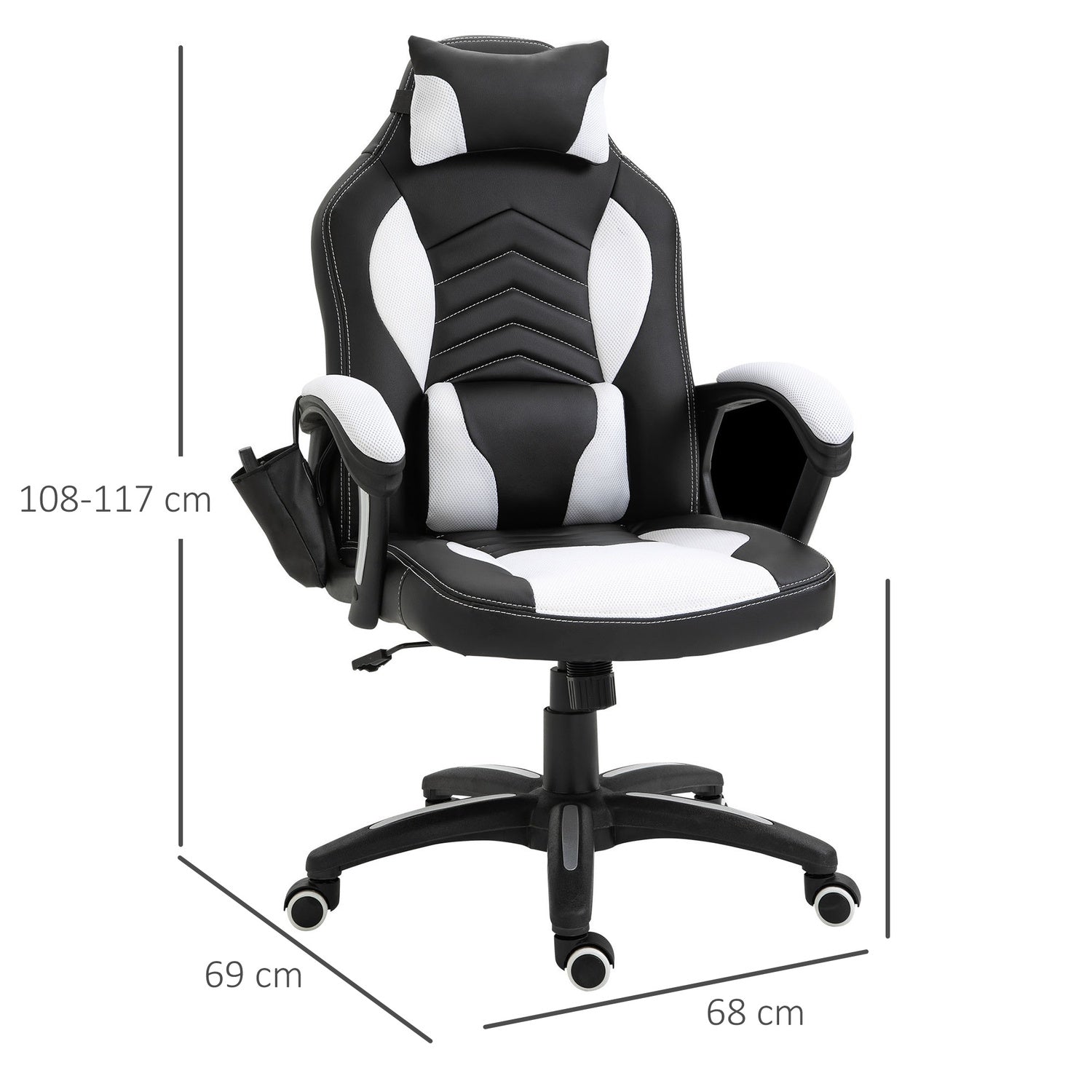 Massage Gaming Bureaustoel met Warmte & Vibratie, Zwart/Wit