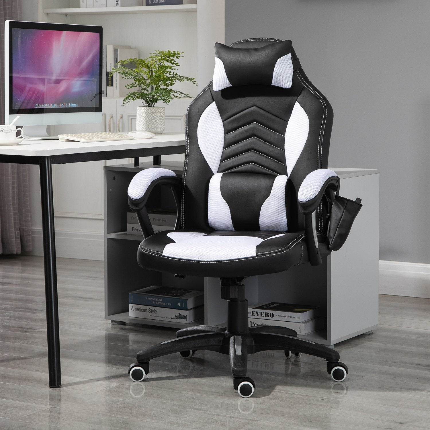 Massage Gaming Bureaustoel met Warmte & Vibratie, Zwart/Wit