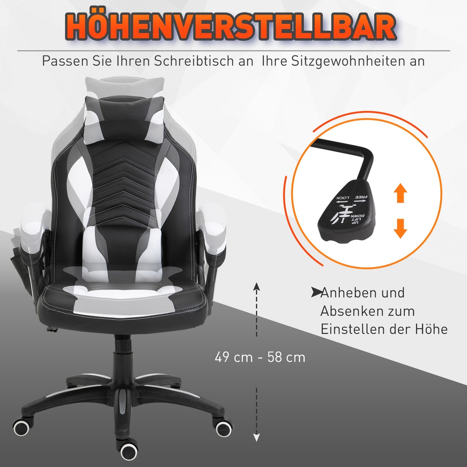 Massage Gaming Bureaustoel met Warmte & Vibratie, Zwart/Wit