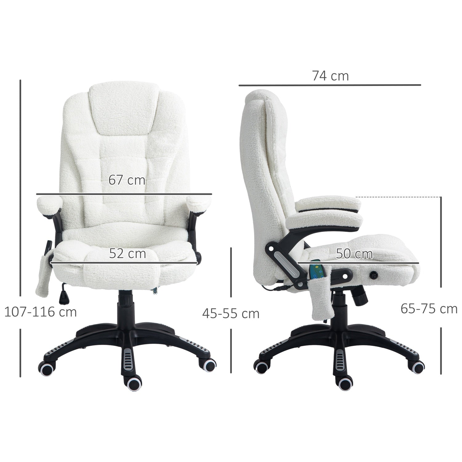 Massagestoel Bureaustoel, Ligfunctie, Verwarmd, Teddy Fluweel, Wit