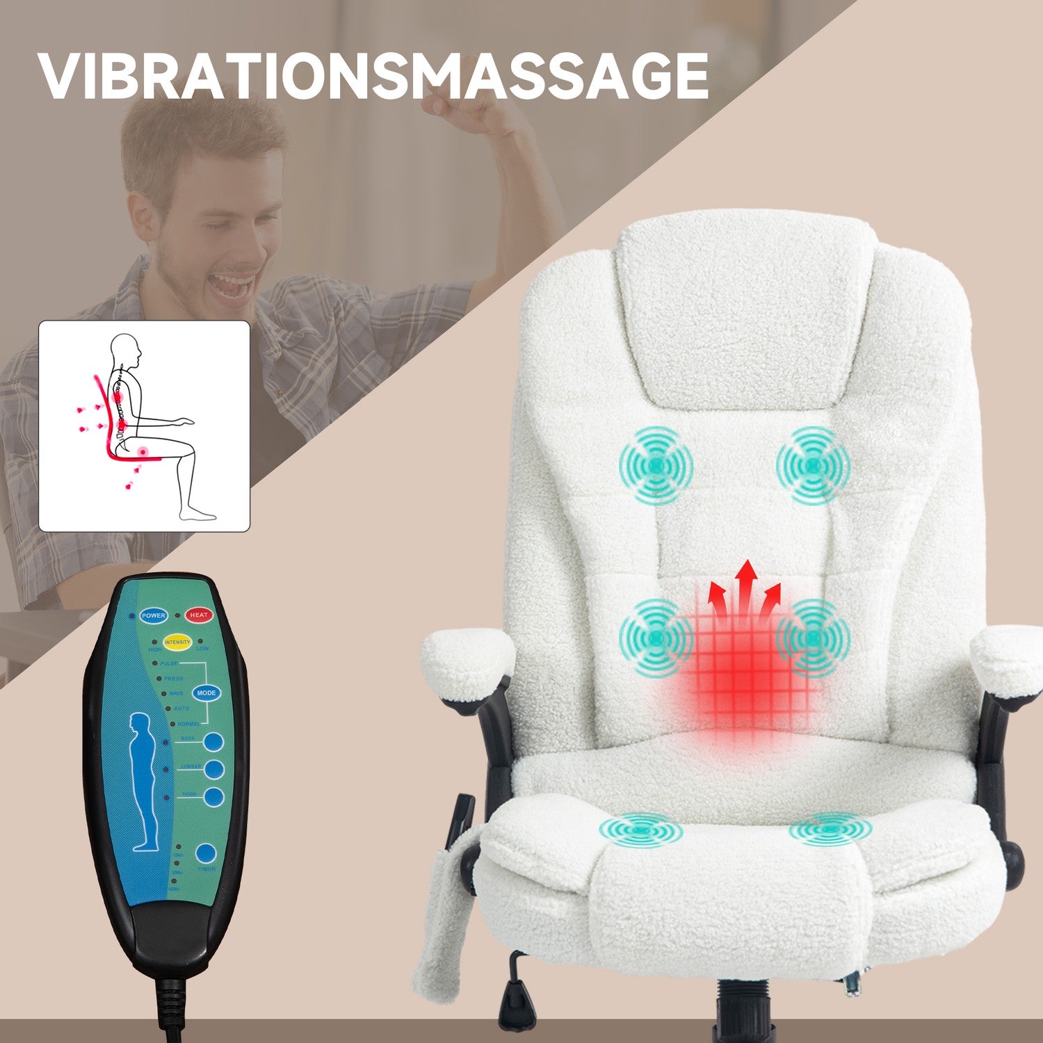 Massagestoel Bureaustoel, Ligfunctie, Verwarmd, Teddy Fluweel, Wit