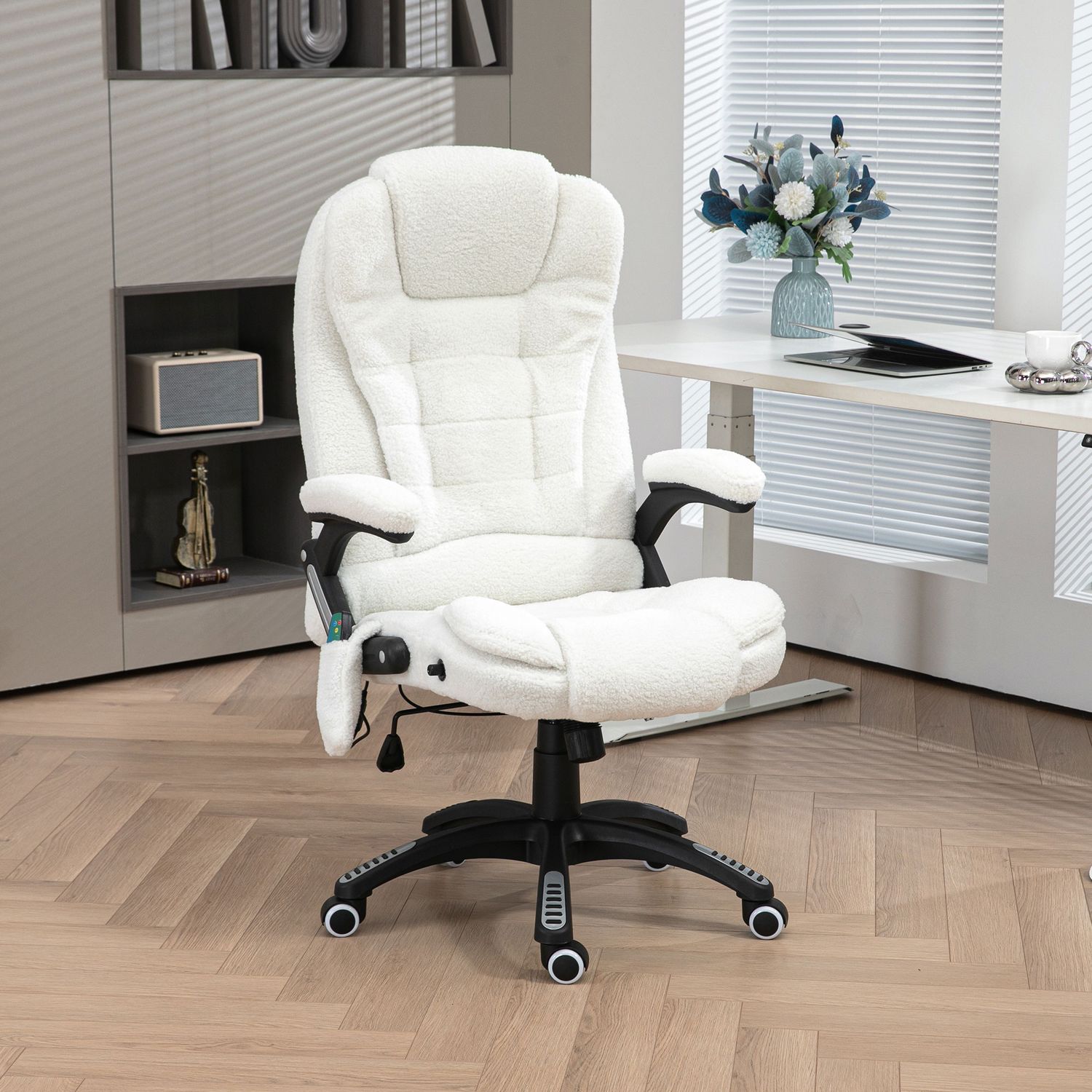 Massagestoel Bureaustoel, Ligfunctie, Verwarmd, Teddy Fluweel, Wit