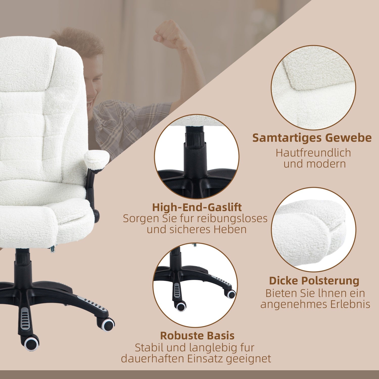 Massagestoel Bureaustoel, Ligfunctie, Verwarmd, Teddy Fluweel, Wit