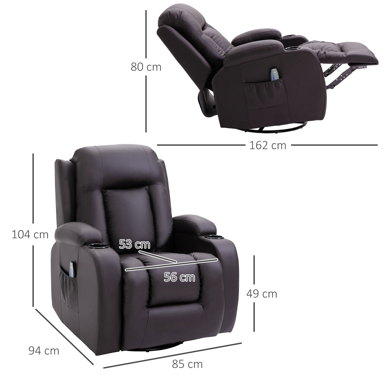 Massagestoel met Warmte en Ligfunctie, Bekerhouders, Bruin