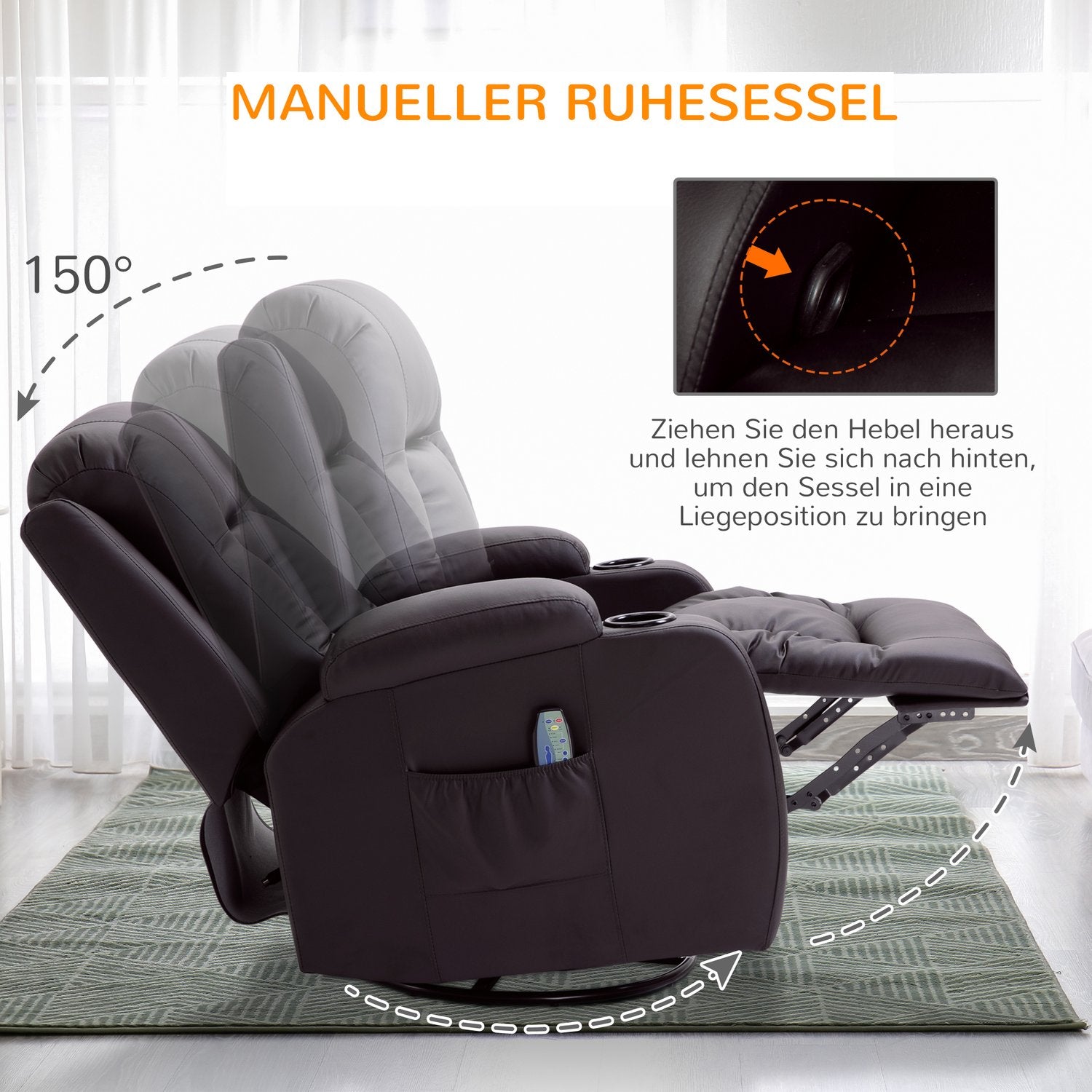Massagestoel met Warmte en Ligfunctie, Bekerhouders, Bruin