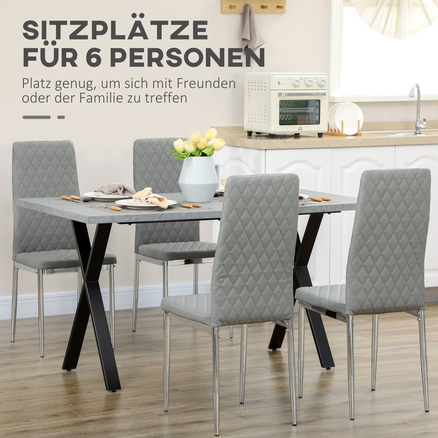 Eettafel in grijs steenlook voor 6 personen met stalen poten