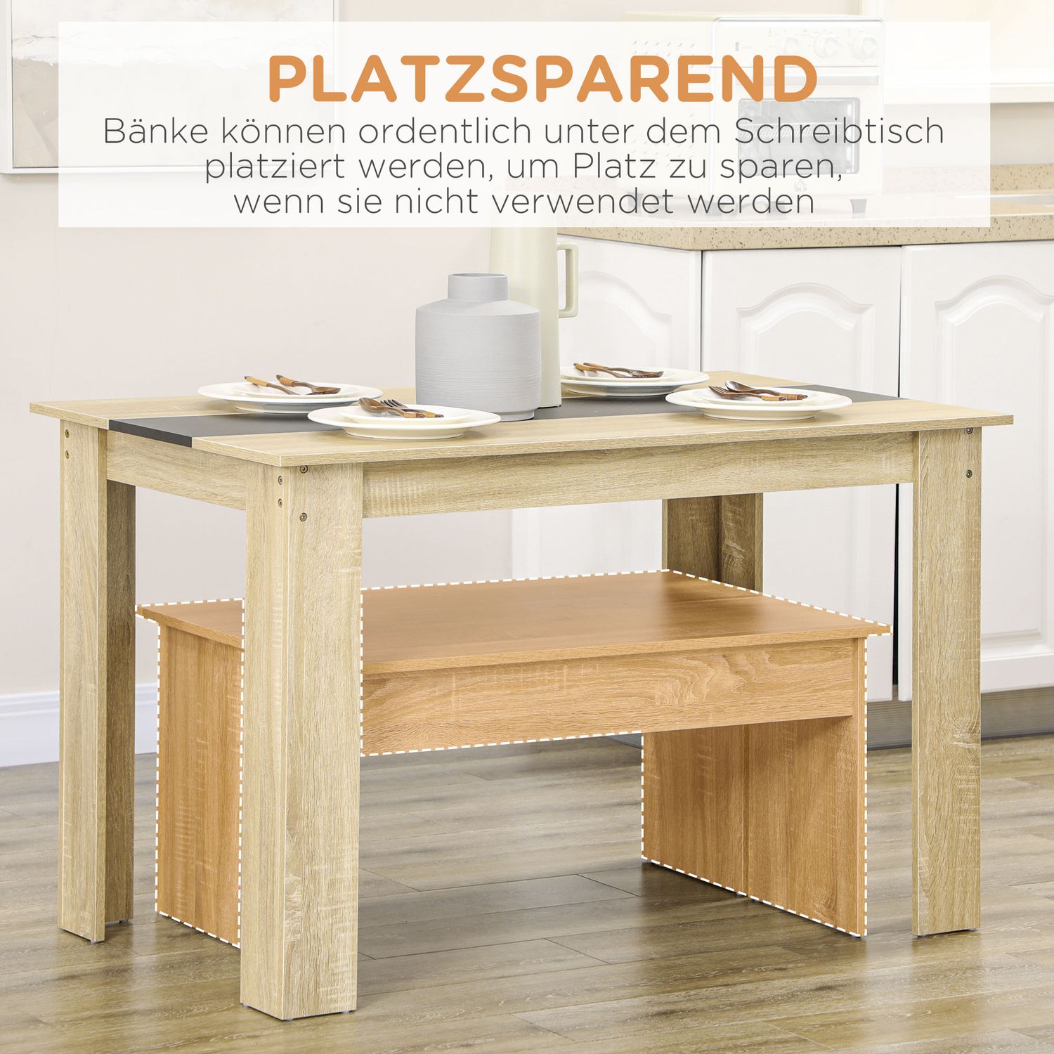 Eetset met 2 banken, ruimtebesparend eiken & zwart