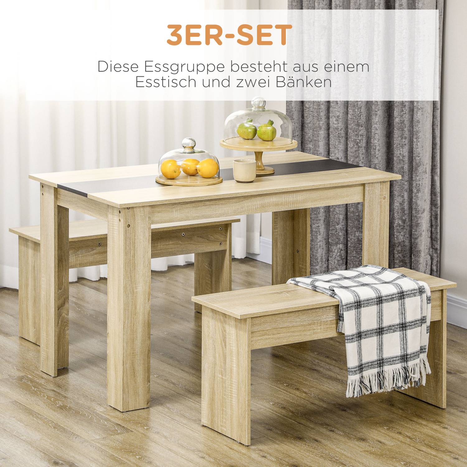 Eetset met 2 banken, ruimtebesparend eiken & zwart