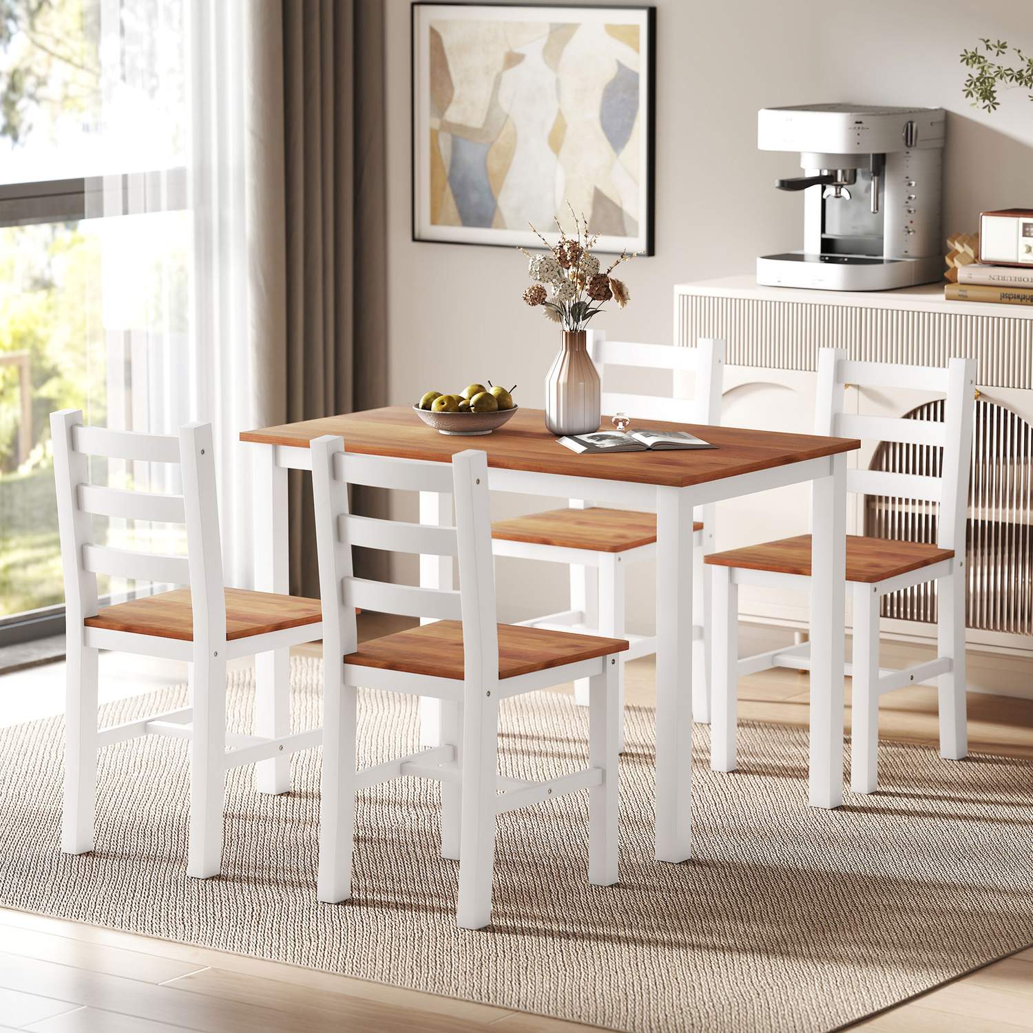 Matsalsset, matbord, 4 stolar, matsalsset, furu, brun+vit