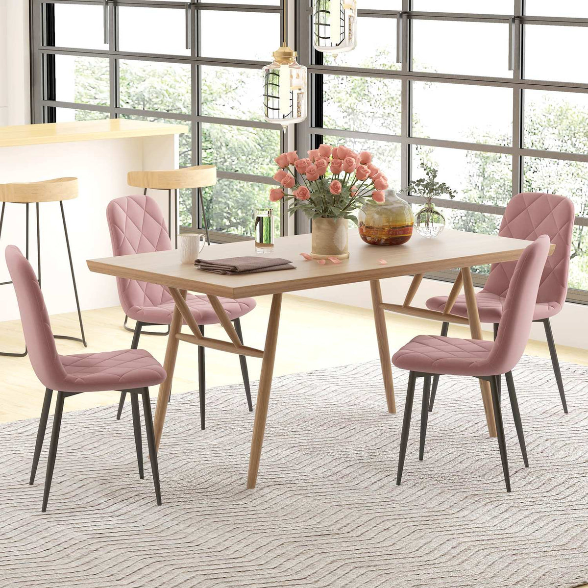 Eetkamerstoelen set van 4 keukenstoelen met rugleuning, fluweellook, fauteuil 45 x 54 x 87 cm roze