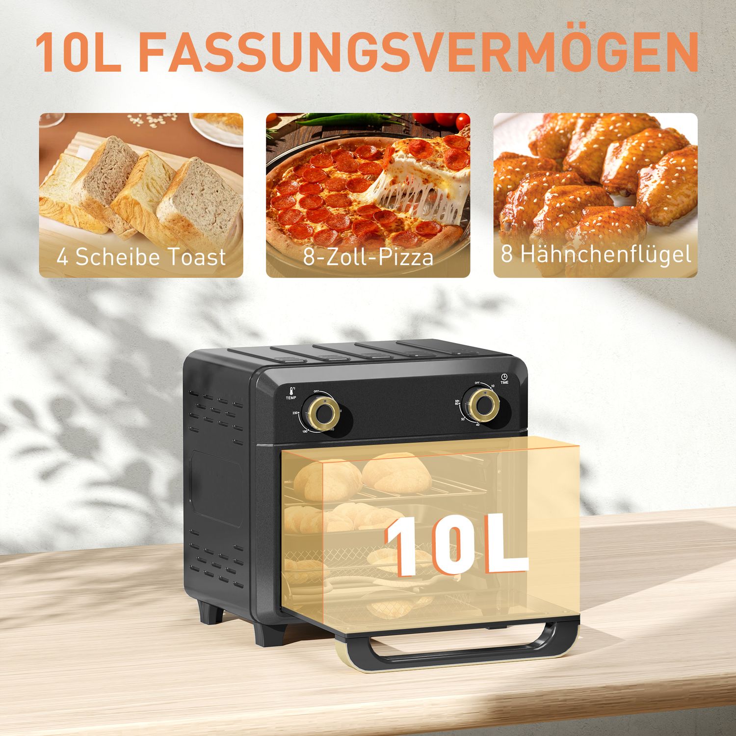 Miniugn med varmluft, airfryer, timer, 10L, svart