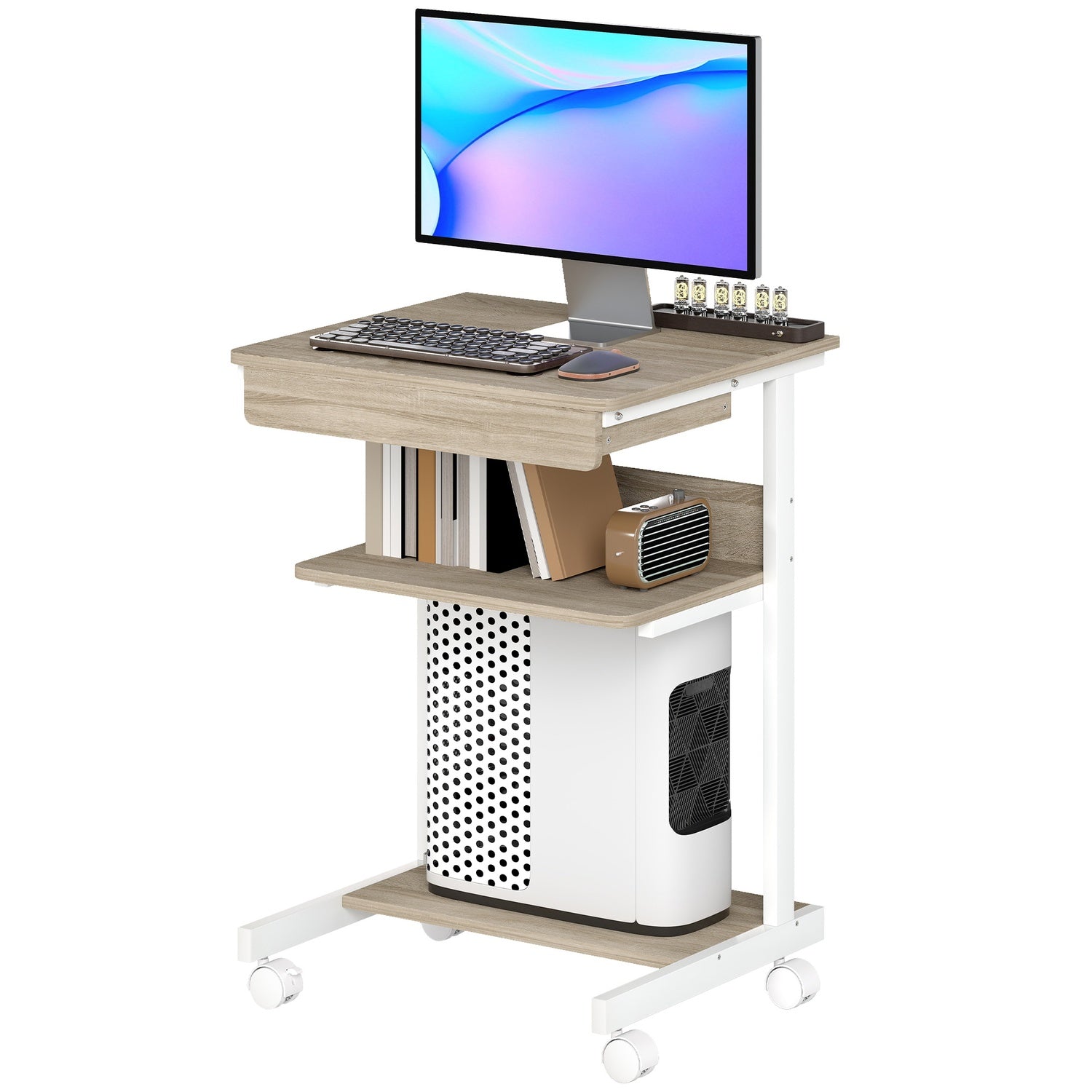 Mobiel bureau met lade en planken, 4 wielen, spaanplaat, metaal