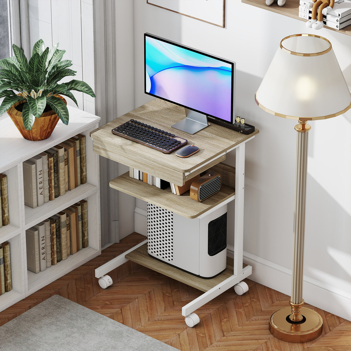 Mobiel bureau met lade en planken, 4 wielen, spaanplaat, metaal