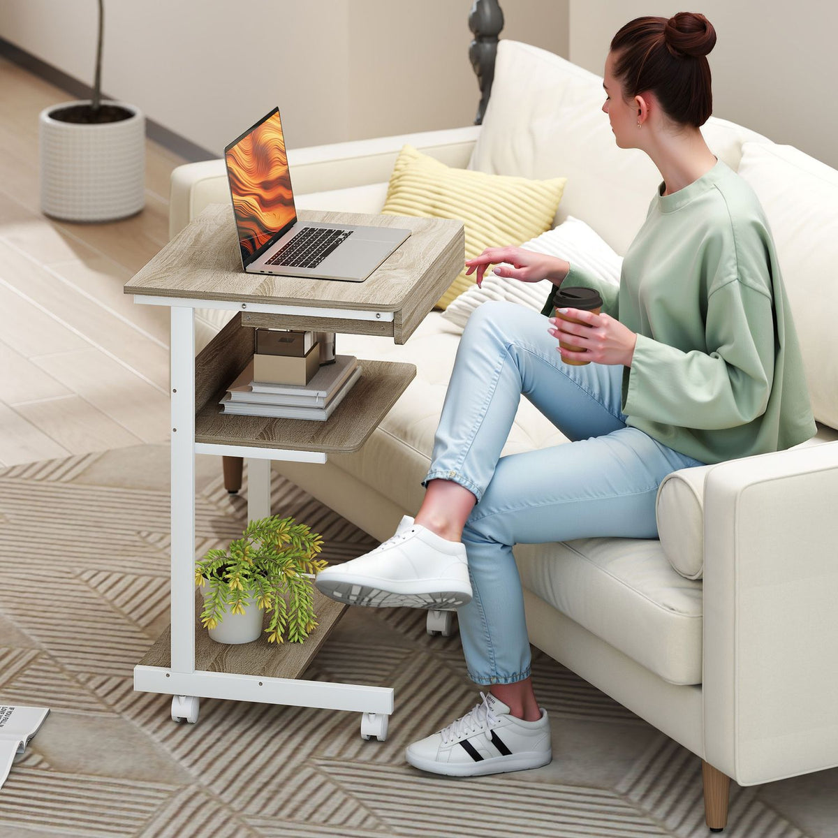 Mobiel bureau met lade en planken, 4 wielen, spaanplaat, metaal