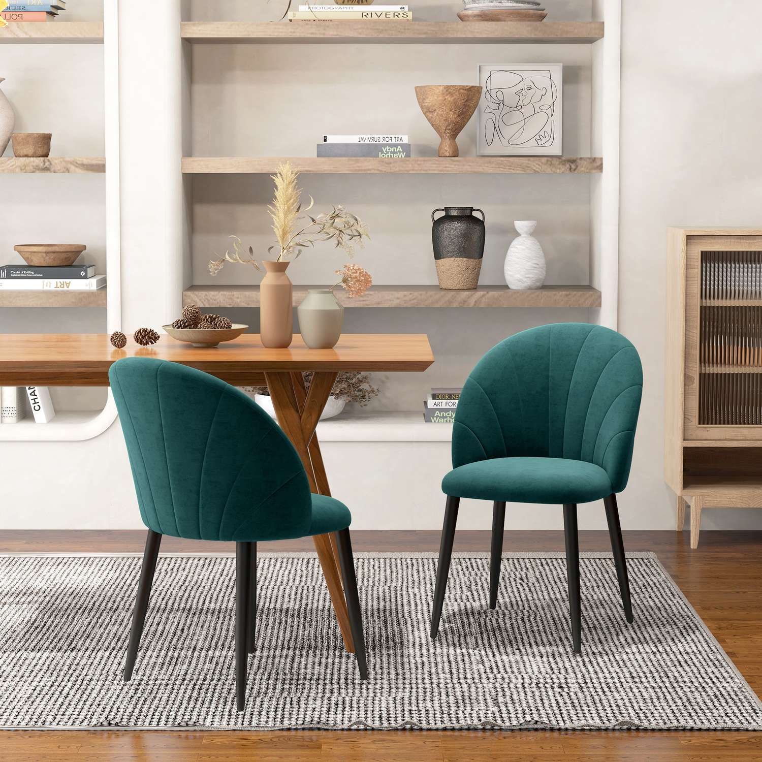 Moderne eetkamerstoelen van groen fluweel, set van 2, gestoffeerd