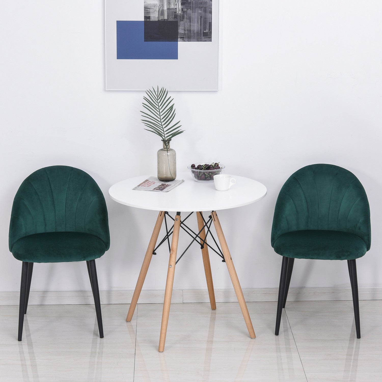Moderne eetkamerstoelen van groen fluweel, set van 2, gestoffeerd