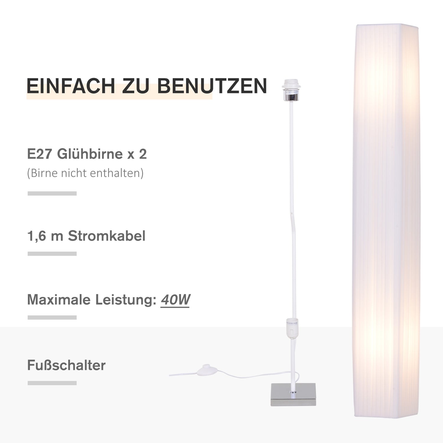 Moderne vloerlamp, wit roestvrij staal, E27 fitting