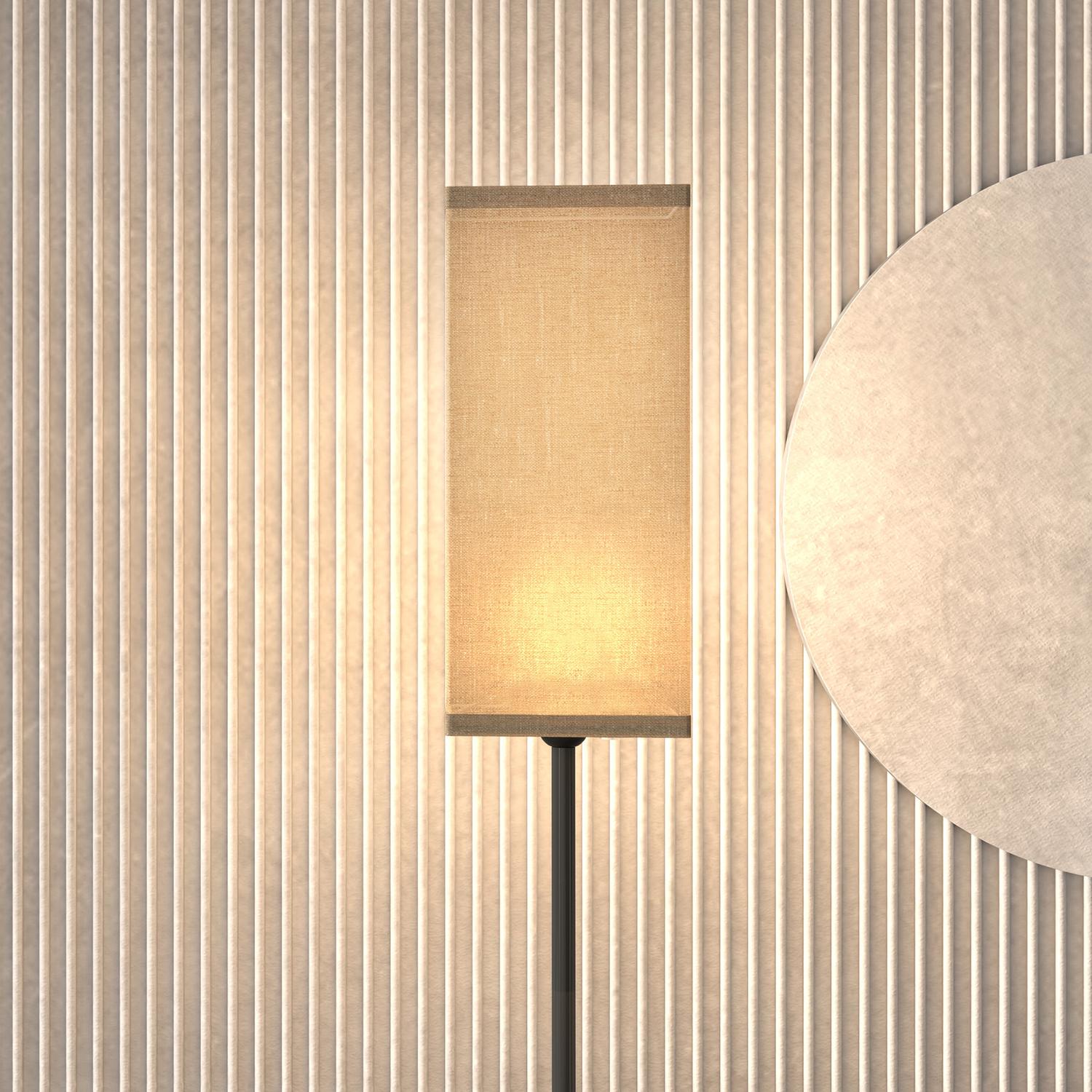 Moderne zwarte vloerlamp met linnenlook kap, voetschakelaar