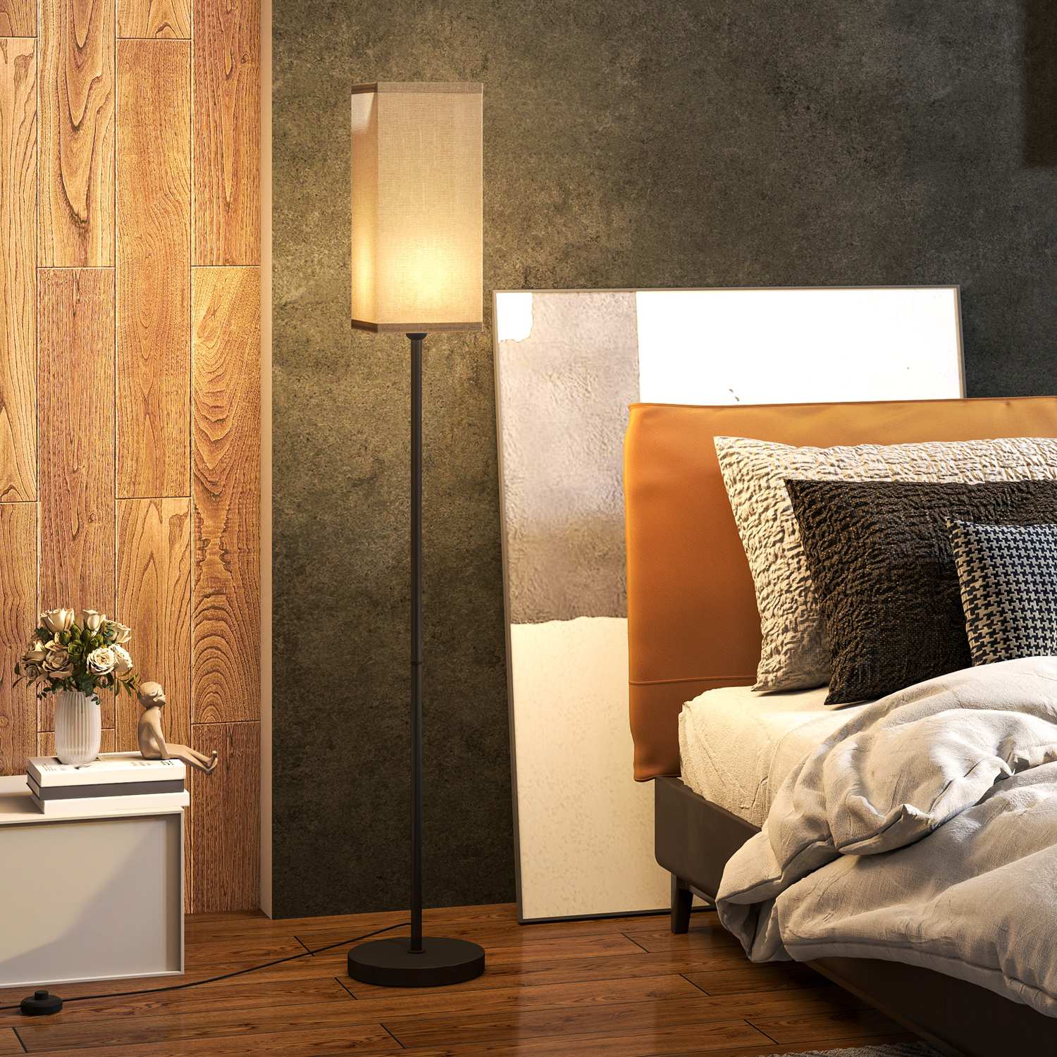 Moderne zwarte vloerlamp met linnenlook kap, voetschakelaar