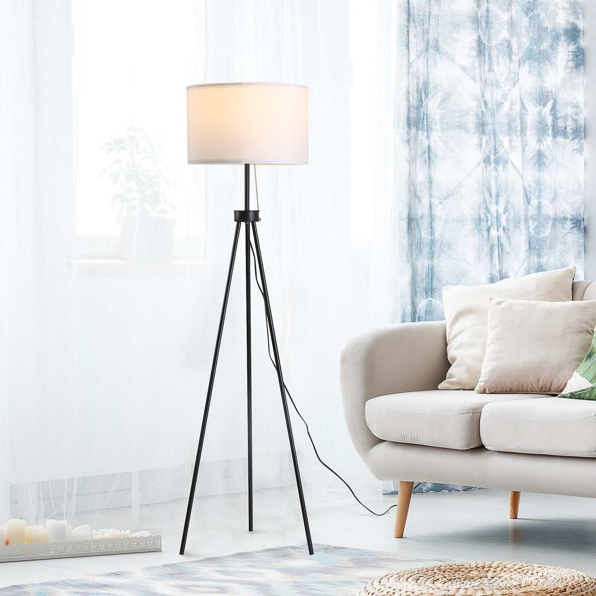 Moderne zwart-witte vloerlamp E27, staal en polyester