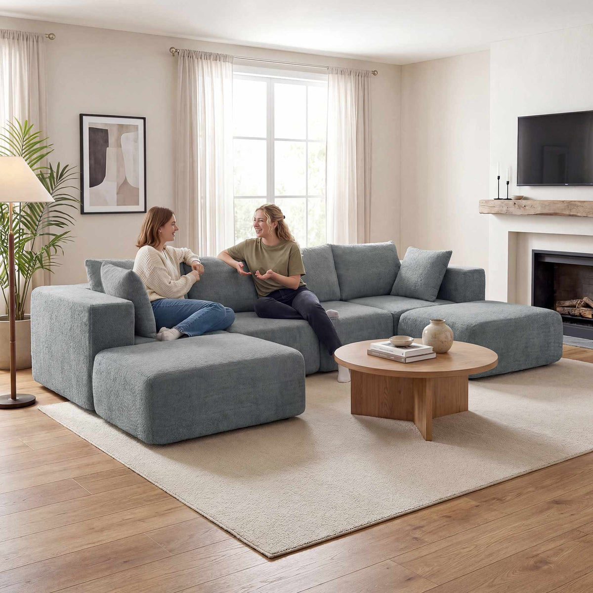 Modulaire U-vormige bank met diepe zitplaatsen, 2 voetenbanken, donkergrijs