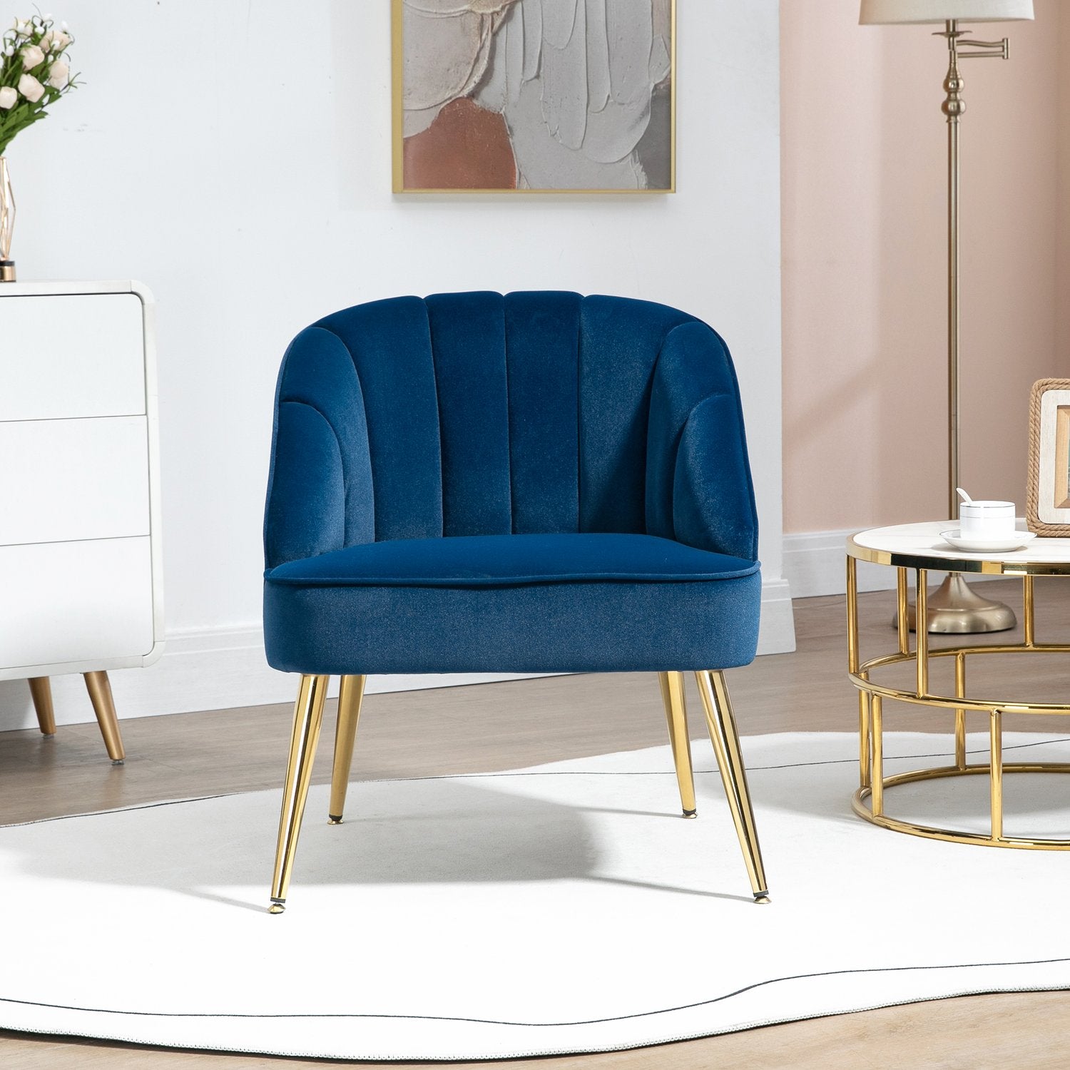 Donkerblauwe fluweellook fauteuil, stalen poten, 65x64x77 cm