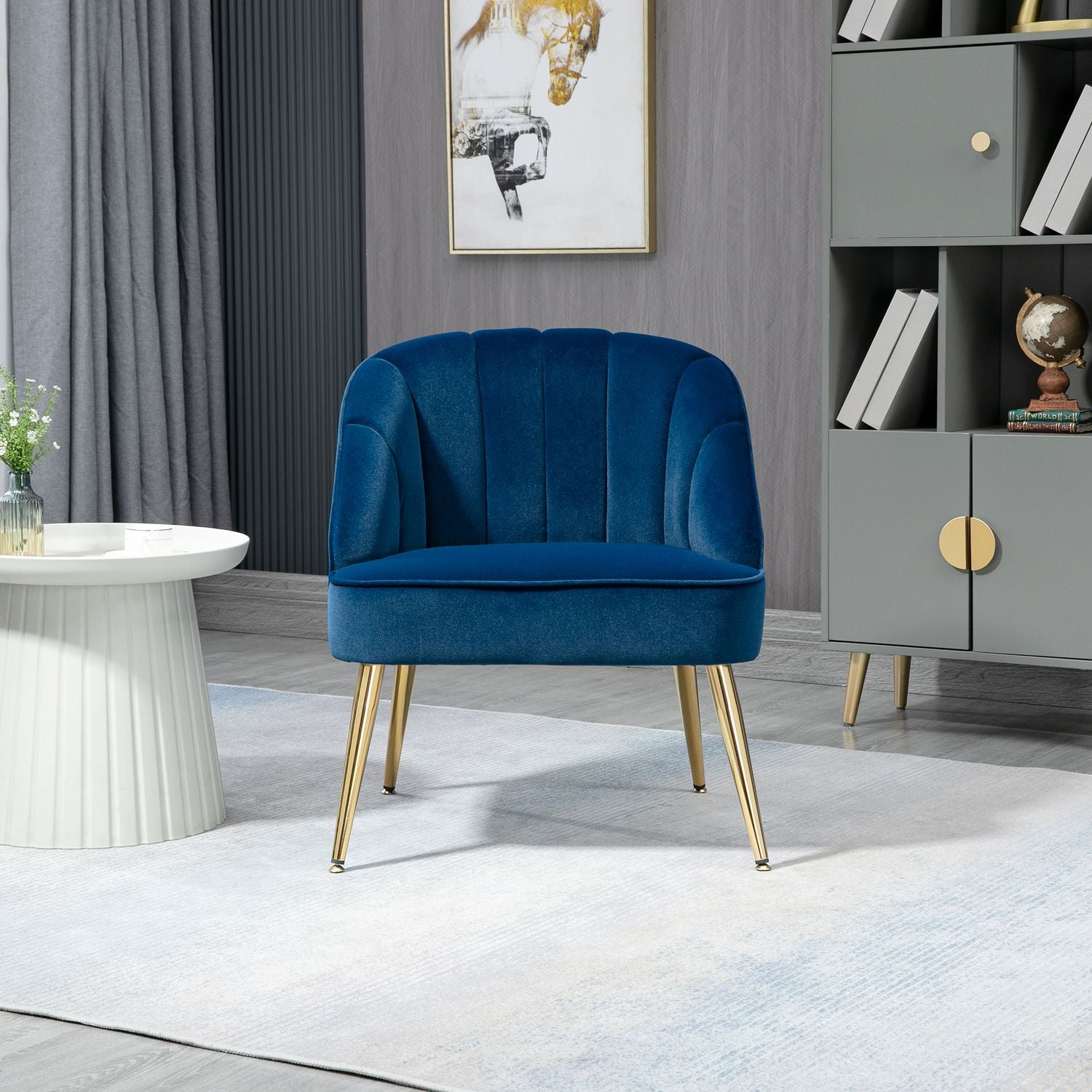 Donkerblauwe fluweellook fauteuil, stalen poten, 65x64x77 cm