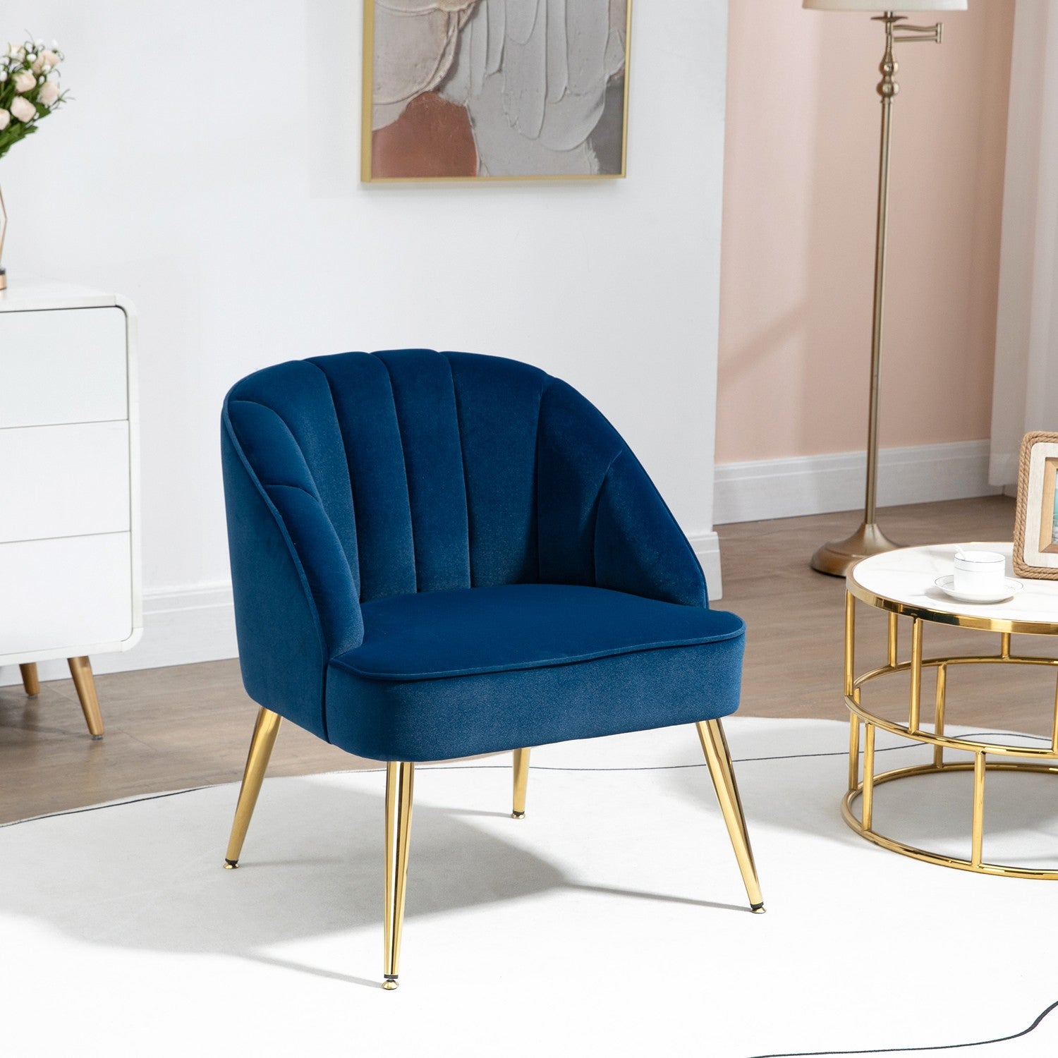 Donkerblauwe fluweellook fauteuil, stalen poten, 65x64x77 cm