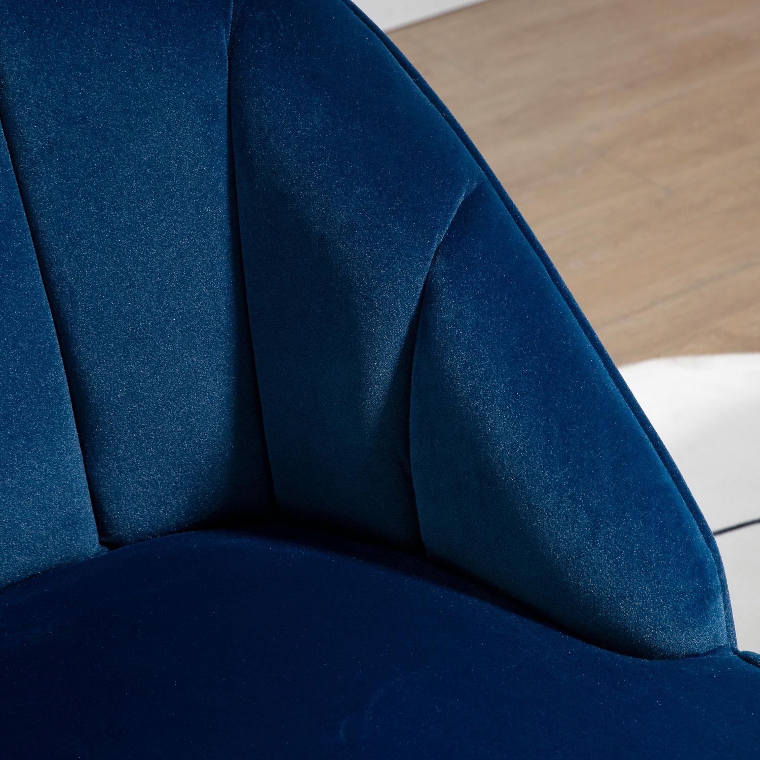 Donkerblauwe fluweellook fauteuil, stalen poten, 65x64x77 cm