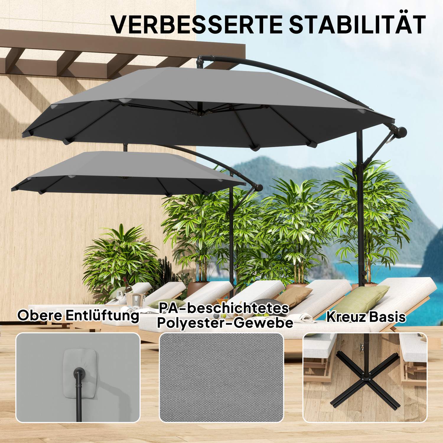 Donkergrijs vrijdragende parasol, 260cm, zwengel & windslot