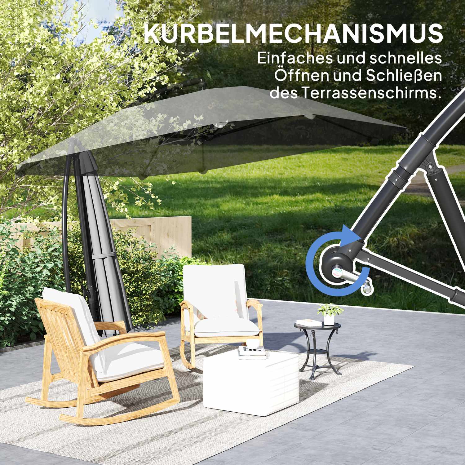 Donkergrijs vrijdragende parasol, 260cm, zwengel & windslot